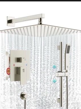 SR SUN RISE 12 Inch Square Shower System, Rain Shower Head and Slide Bar Hand..